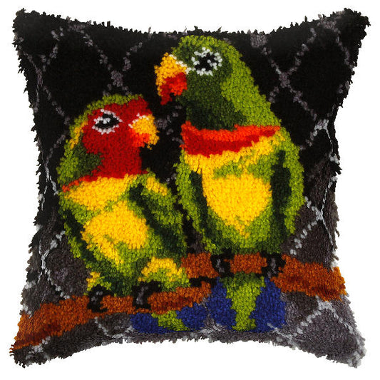 Finished latch hook cushion with parrots design