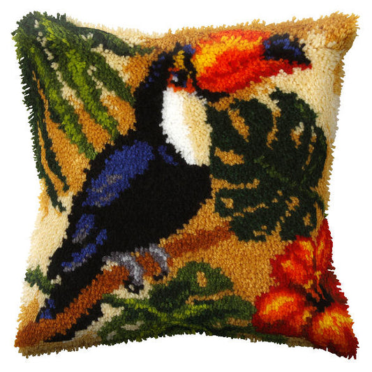 Finished latch hook cushion with toucan design