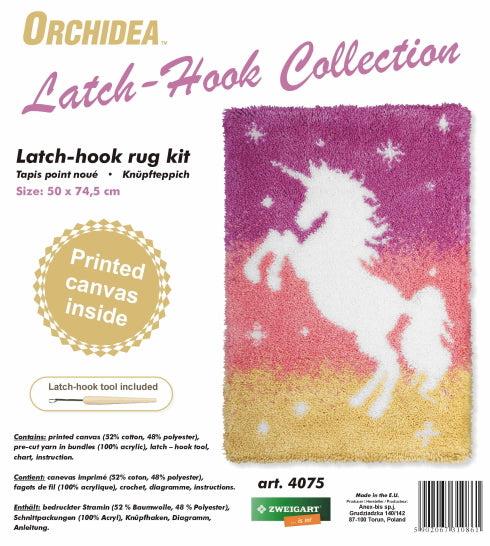 Finished latch hook rug with unicorn design