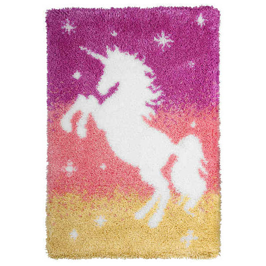 Finished latch hook rug with unicorn design