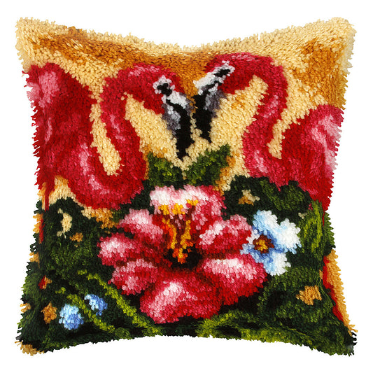 Finished latch hook cushion with flamingo design