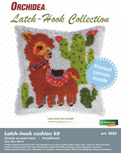 Finished latch hook cushion with llama design