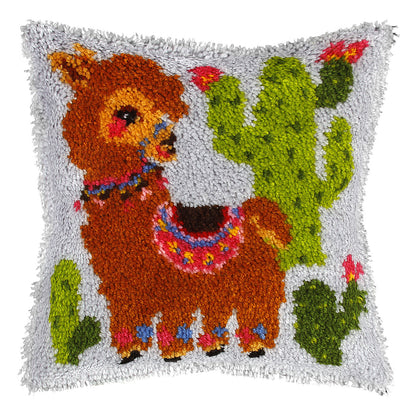 Finished latch hook cushion with llama design
