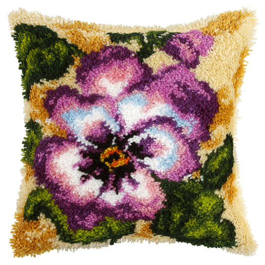 Finished latch hook cushion with pansy design
