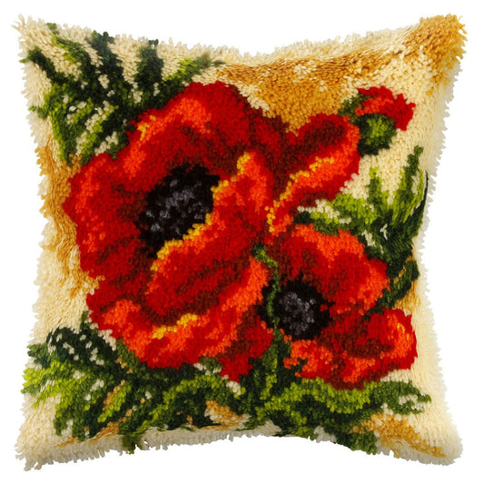 Finished latch hook cushion with red poppies on cream design