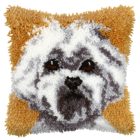 Finished latch hook cushion with westie design