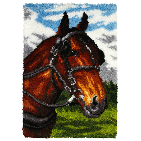 Finished latch hook rug with horse design