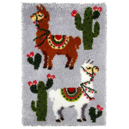 Finished latch hook rug with llama design