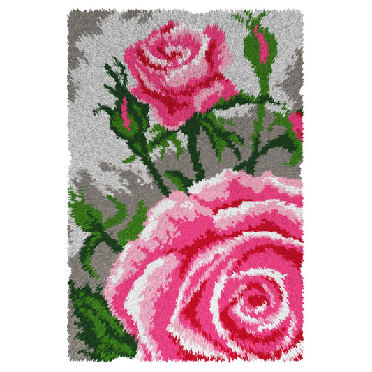 Finished latch hook rug with pink roses on grey design