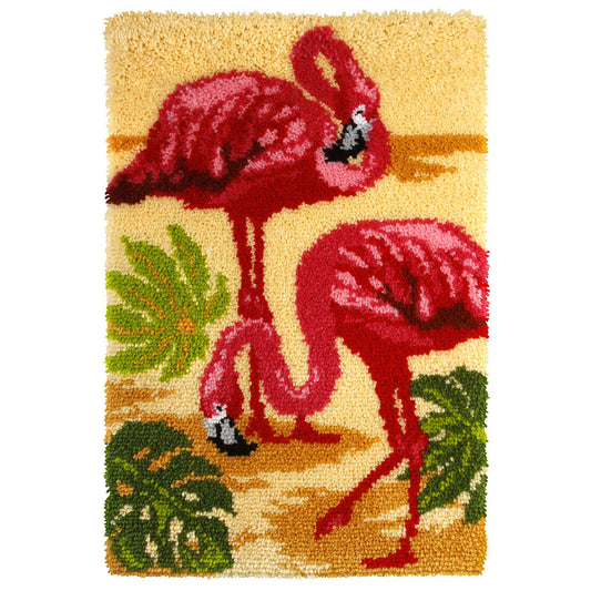 Finished latch hook rug with flamingo design