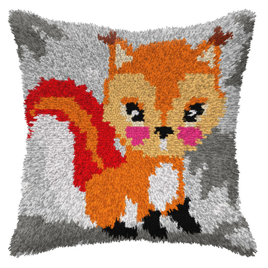 Finished latch hook cushion with squirrel design