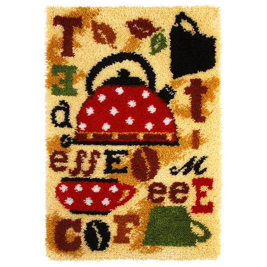Finished latch hook rug with tea and coffee design
