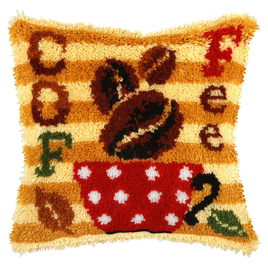 Finished latch hook cushion with coffee design