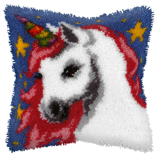 Finished latch hook cushion with unicorn design