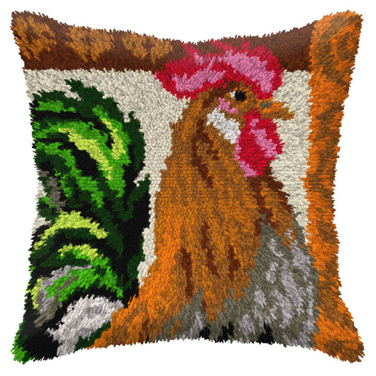 Finished Orchidea latch hook cushion showing a colourful rooster
