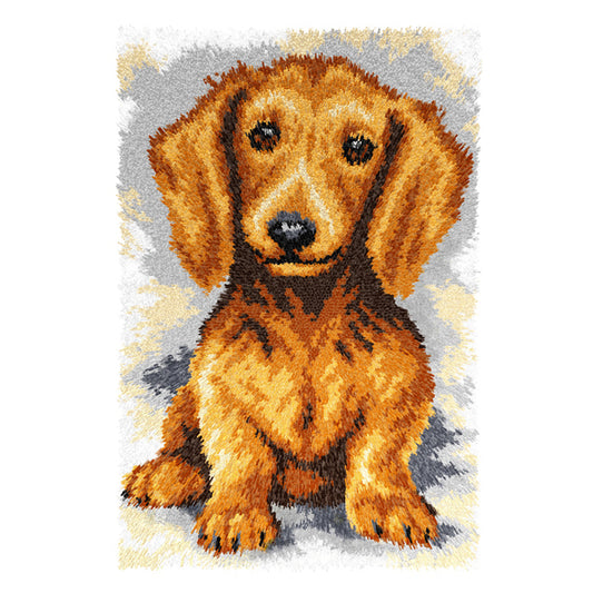 Finished Orchidea latch hook rug showing a dachshund dog