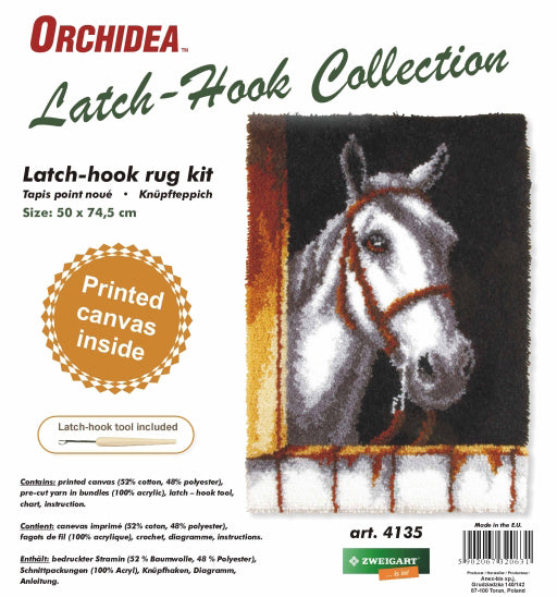 Finished Orchidea latch hook rug showing the head of a white horse