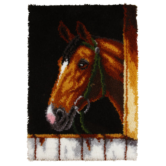 Finished Orchidea latch hook rug showing the head of a bay horse