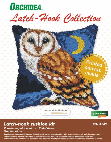 Finished Orchidea latch hook cushion showing an owl in a night-time scene