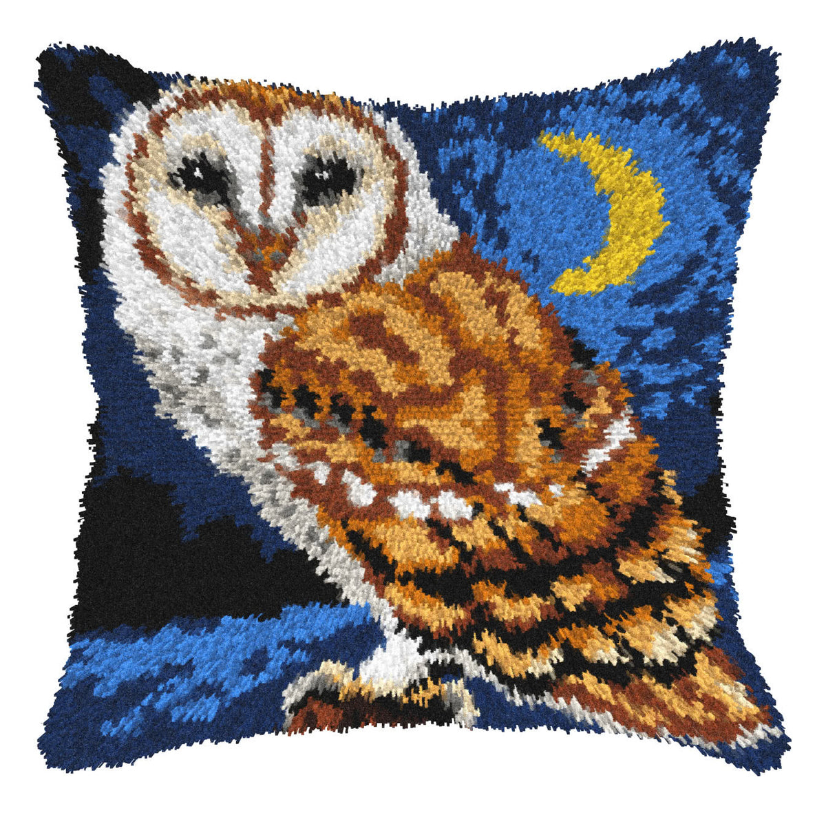 Finished Orchidea latch hook cushion showing an owl in a night-time scene