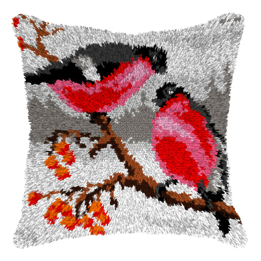 Finished Orchidea latch hook cushion showing a pair of bullfinches