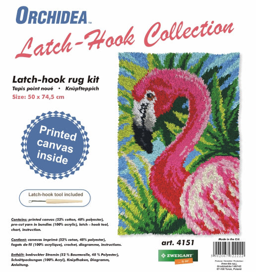Finished Orchidea latch hook rug showing a pink flamingo