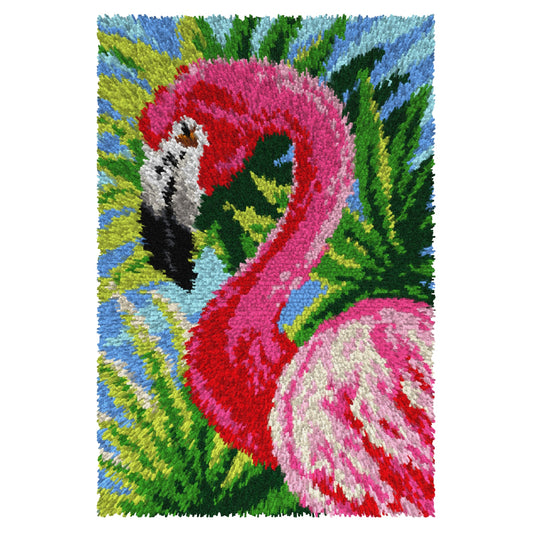 Finished Orchidea latch hook rug showing a pink flamingo
