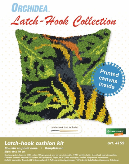 Finished Orchidea latch hook cushion showing a leaf pattern