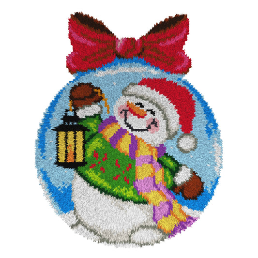 Finished Orchidea latch hook rug showing a snowman