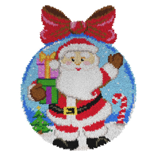 Finished Orchidea latch hook rug showing Santa Claus on a Christmas bauble