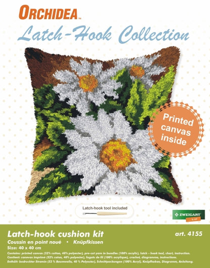 Finished Orchidea latch hook cushion showing white daisies