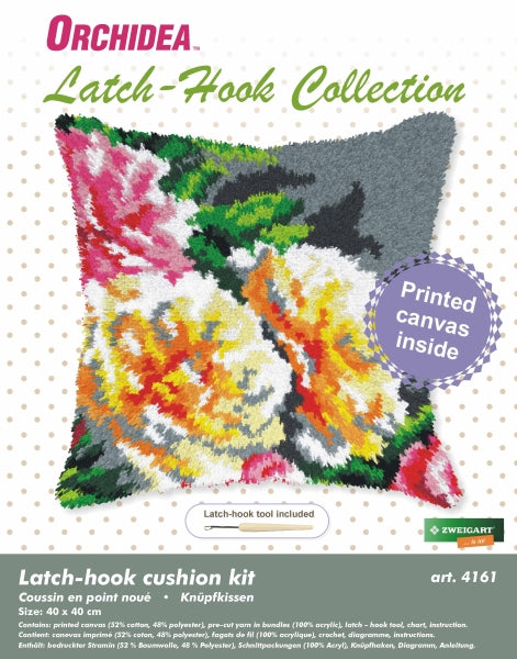 Finished Orchidea latch hook cushion showing tea roses
