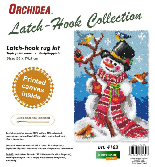 Finished Orchidea latch hook rug showing a snowman