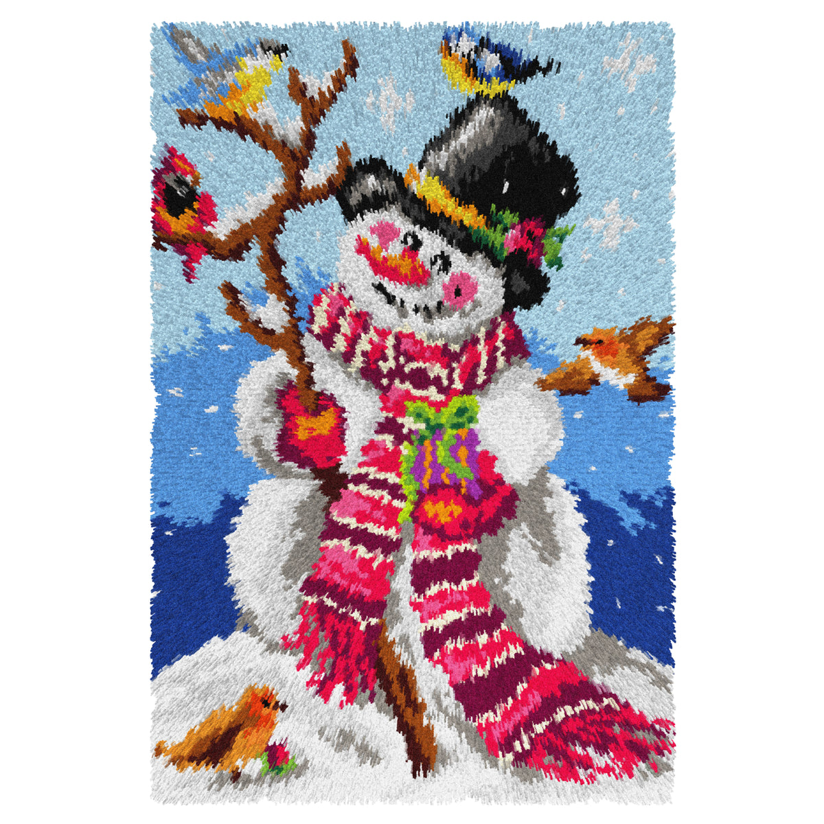 Finished Orchidea latch hook rug showing a snowman