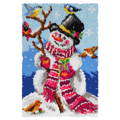 Finished Orchidea latch hook rug showing a snowman