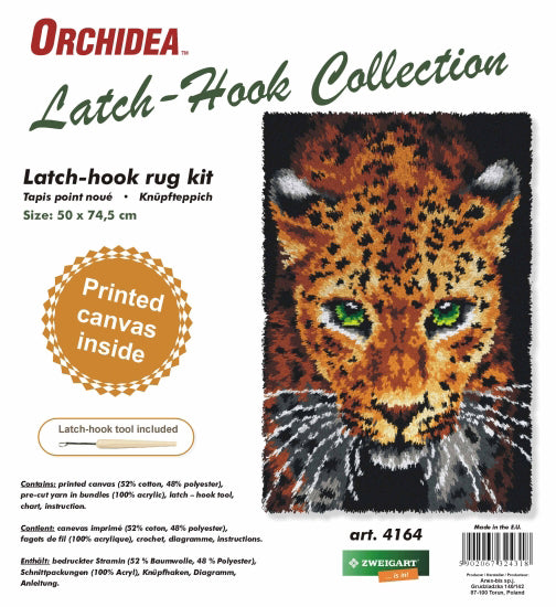 Finished Orchidea latch hook rug showing a leopard