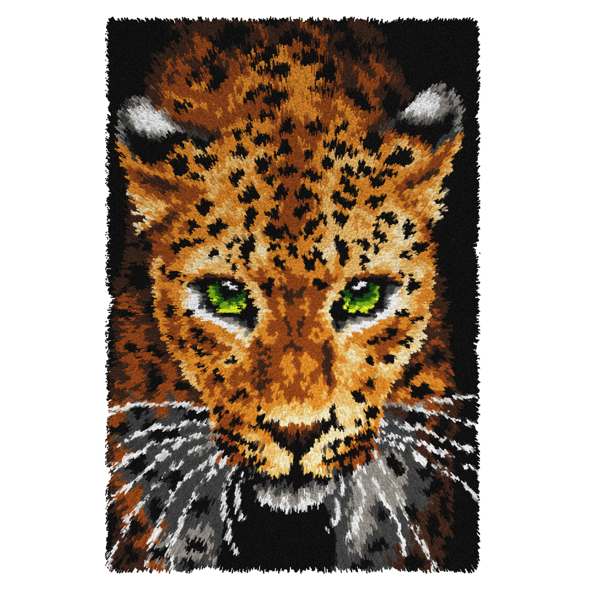 Finished Orchidea latch hook rug showing a leopard