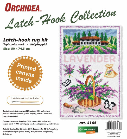 Finished Orchidea latch hook rug showing lavender flowers