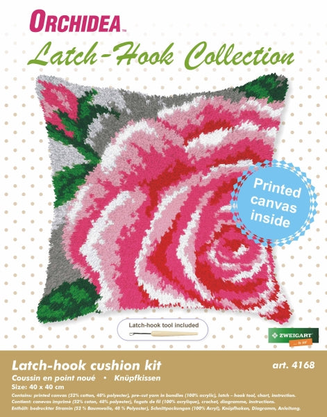Finished Orchidea latch hook cushion showing a close-up of a large pink rose