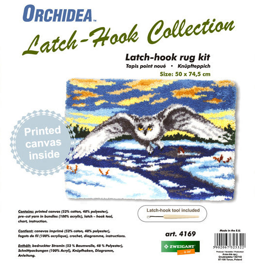 Finished Orchidea latch hook rug showing an owl