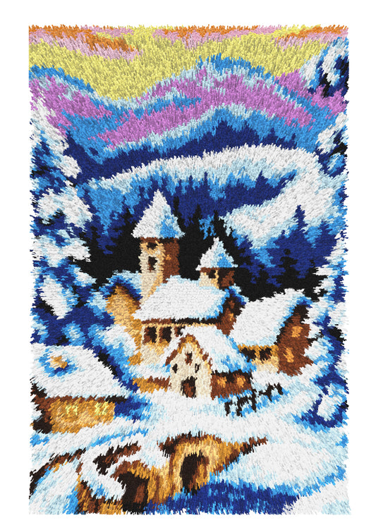 Finished Orchidea latch hook rug showing a snowy winter village