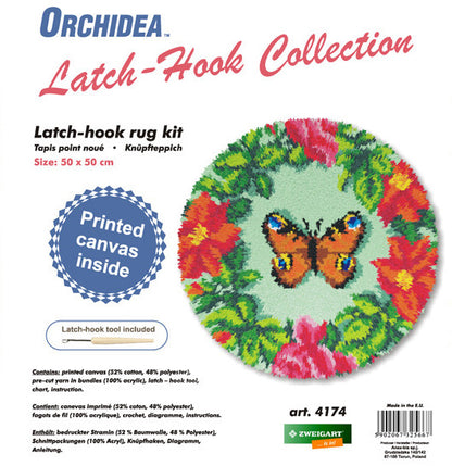 Finished Orchidea latch hook rug showing a butterfly