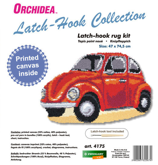 Finished Orchidea latch hook rug showing a red car