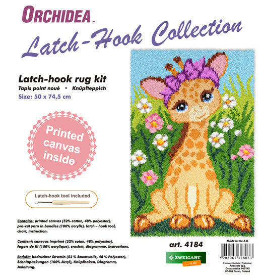 Orchidea latch hook rug kit showing a giraffe design