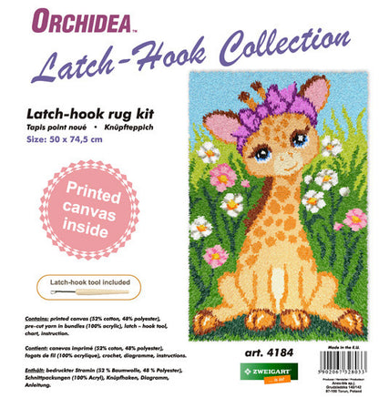 Orchidea latch hook rug kit showing a giraffe design