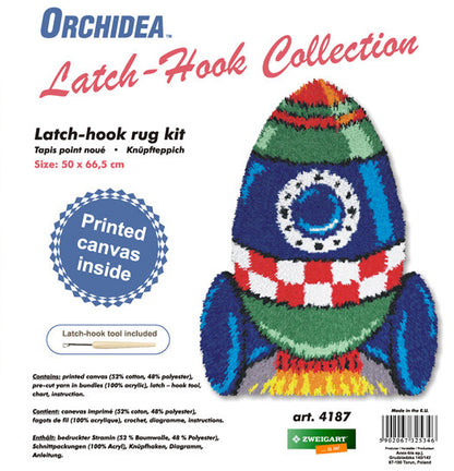 Orchidea latch hook rug kit showing a spaceship design