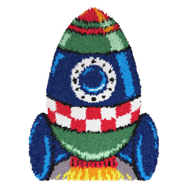Orchidea latch hook rug kit showing a spaceship design