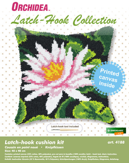Orchidea latch hook cushion kit showing a water lily design