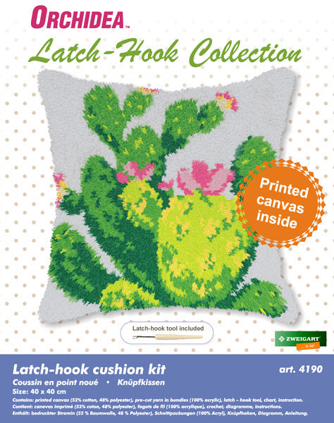 Orchidea latch hook cushion kit showing a cacti design