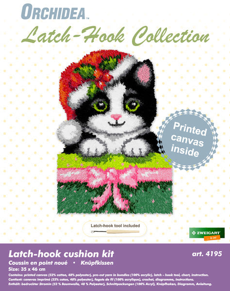 Orchidea latch hook cushion kit showing a christmas kitty design